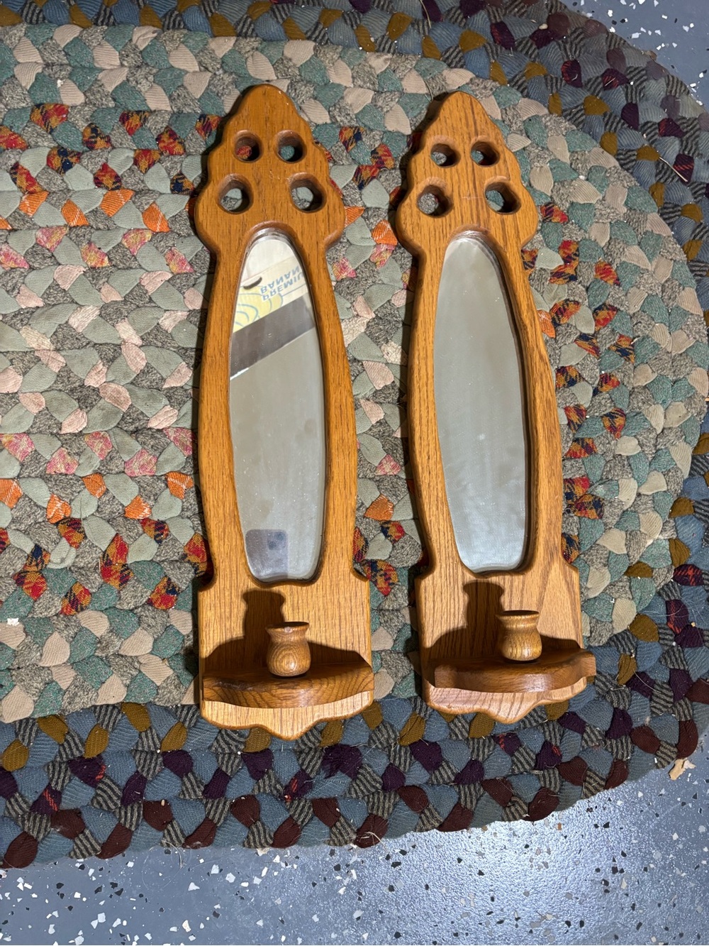 Pair of Vintage Oak Wall Mirrors with Shelf - Brown
